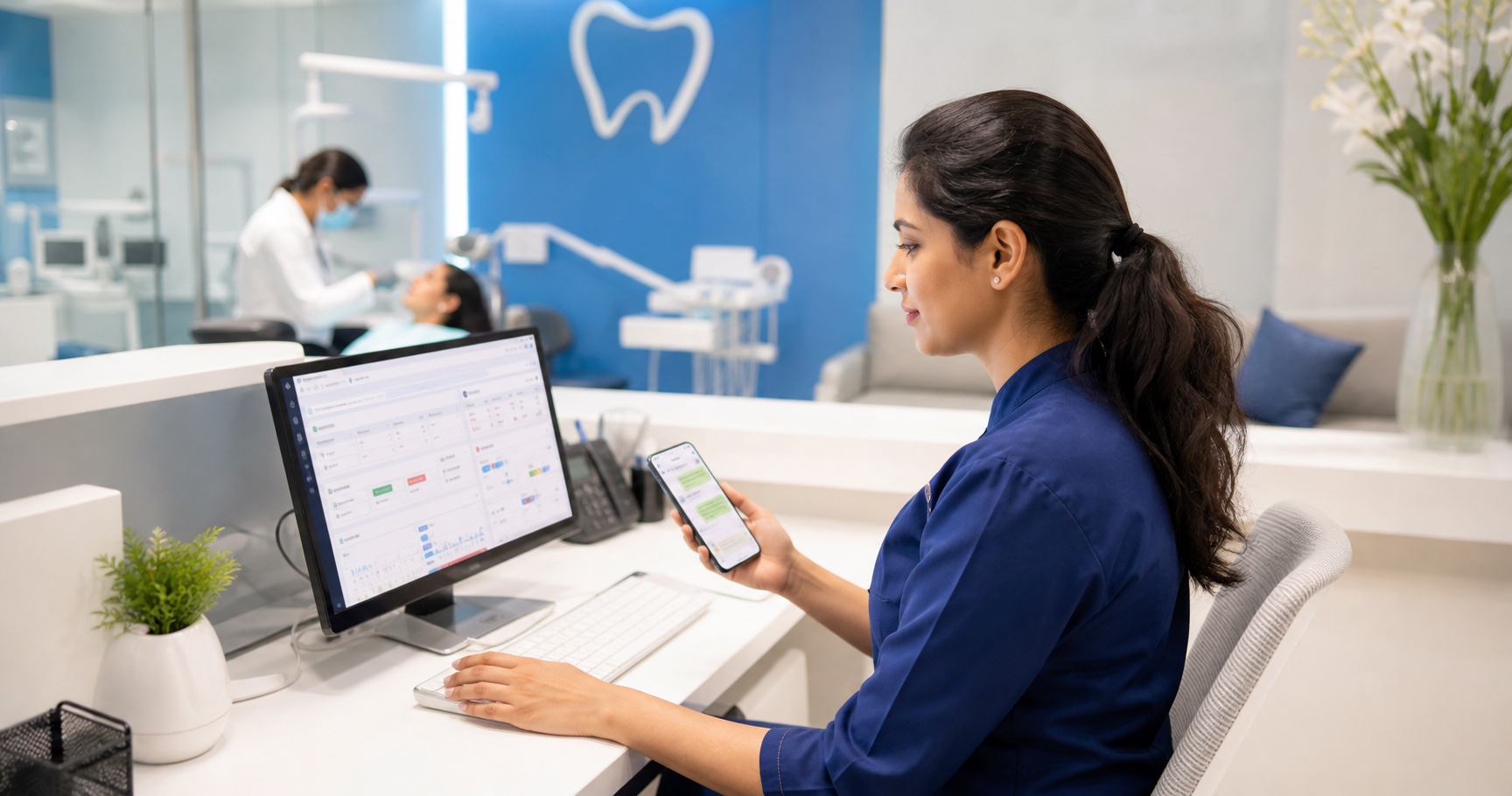 Dental clinic receptionist managing patient communication and appointments